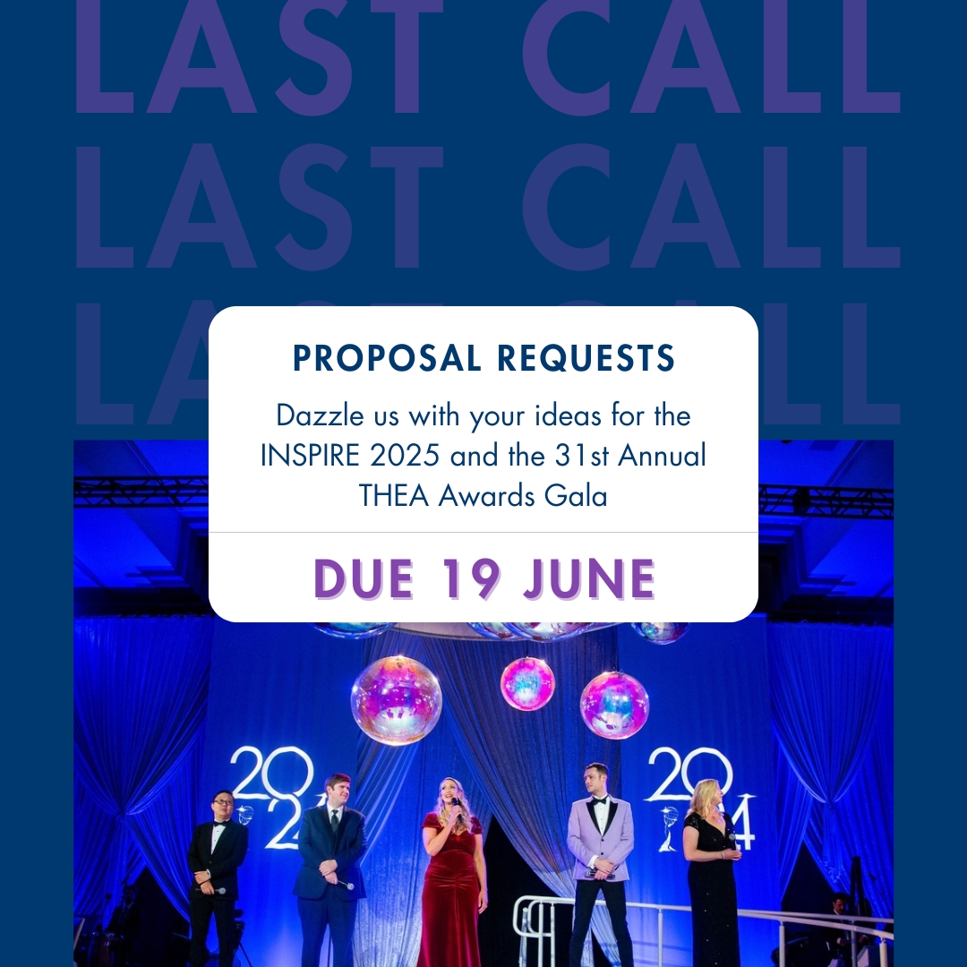 ⏰ LAST CALL! ⏰

We're searching for a dynamic production company to bring magic to our #TEAINSPIRE and #TheaAwards Gala this 2025. Submit here: ow.ly/hX4W50SjixF

#eventproduction #themedentertainment #TEAevents