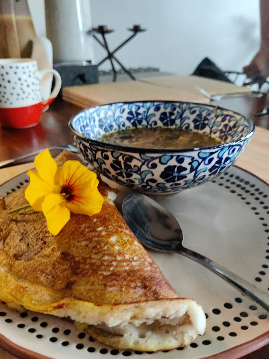Homemade dosa and sambar with peanut chutney for brunch cooked by gf's mum. Such a treat