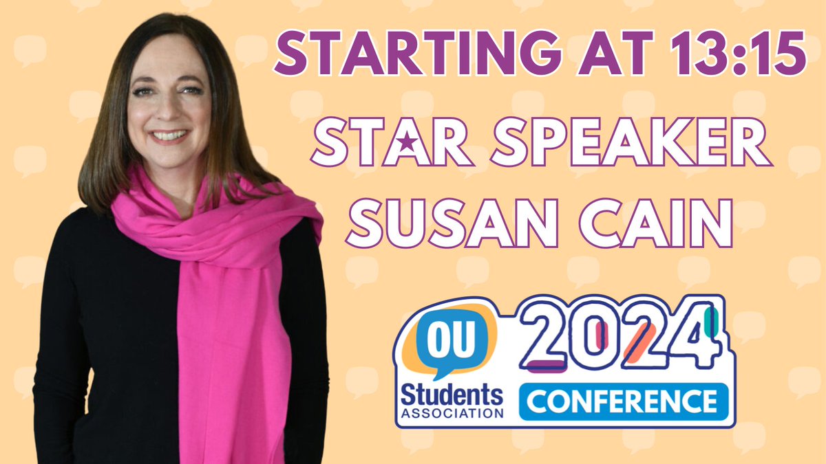 OUstudents's tweet photo. ⏰ 10 minute reminder! ⏰

It’s time to hear the first of our star speakers at Conference 2024! @susancain will be talking  about Quiet Leadership and the power of introversion.

Check your emails for the link and passphrase to access this and other sessions.

#OUStudents24 https://t.co/Gm0HvR65IN
