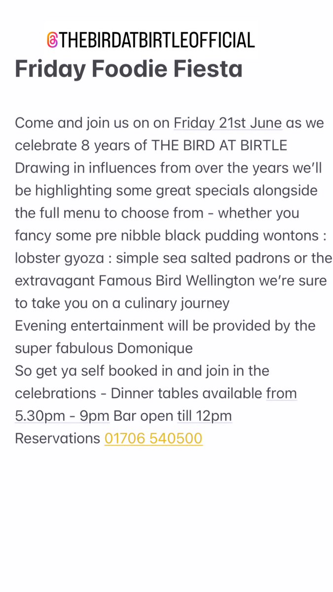 ANDREW NUTTER (@nutsfood) on Twitter photo Friday Foodie Fiesta
8IRTHDAY <a href="/TheBirdatBirtle/">THE BIRD AT BIRTLE</a>
Friday 21st June
Reservations 01706 540500 Friday Foodie Fiesta
8IRTHDAY <a href="/TheBirdatBirtle/">THE BIRD AT BIRTLE</a>
Friday 21st June
Reservations 01706 540500