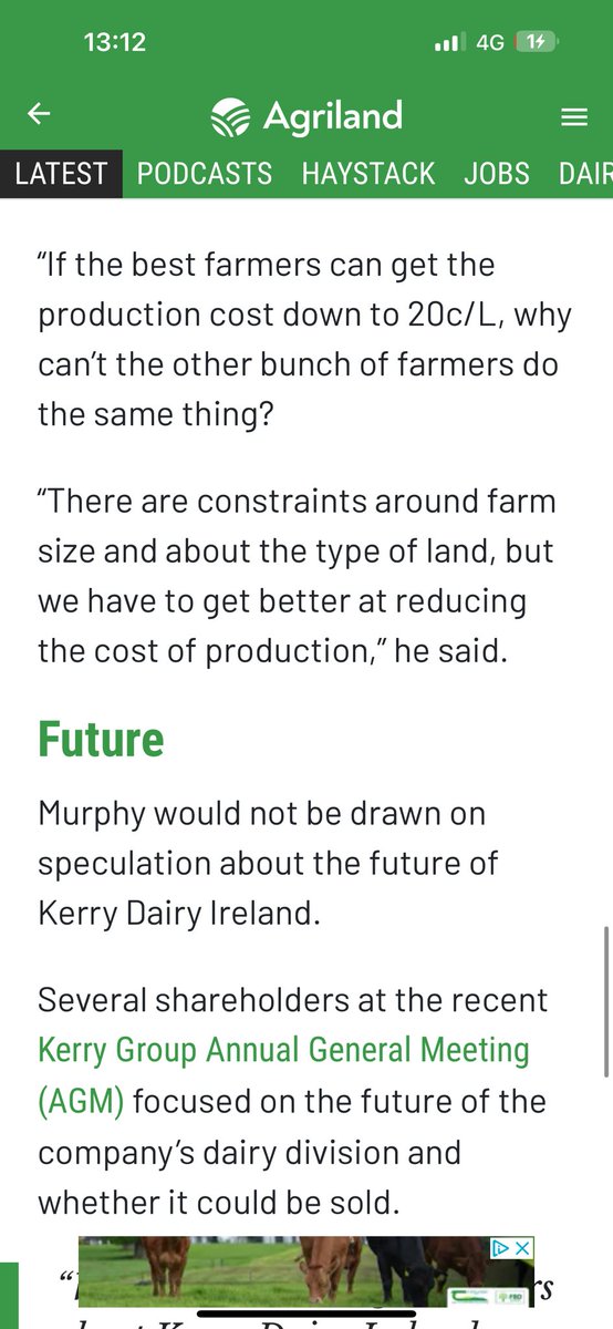 Kerry Dairy Ireland CEO Pat Murphy completely out of touch with the cost of production of milk in 2024. Clarification of the source of information required !!!! Having looked at 2023 accounts for dairy farmers it nearer 40c/l #Dairy #Agriculture