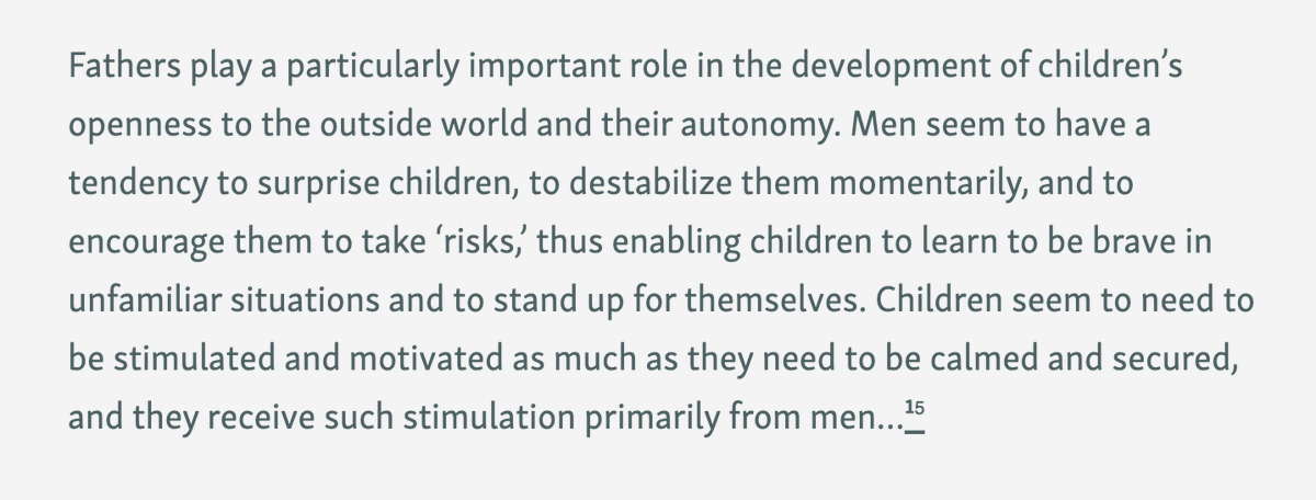JonHaidt's tweet photo. This short report from @aibm_org on fatherhood is wonderful. Fathers' play and interaction styles are particularly effective at fostering antifragility via rough and tumble play, surprise, and encouragement to take risks: 

https://t.co/feIQ2h4kV7 https://t.co/acjX8WrnRi