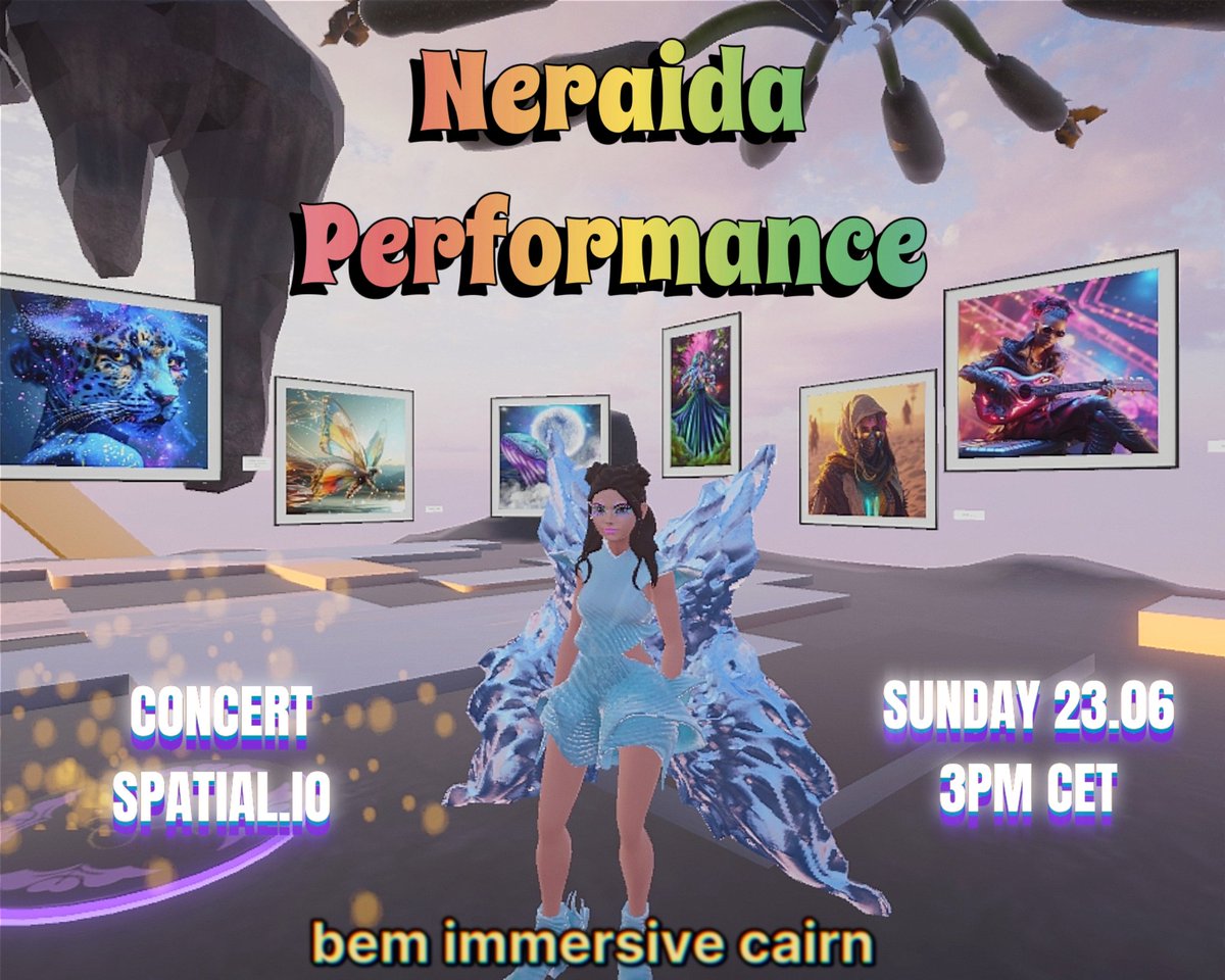 Neraida's performance

📍The Bem Immersive Cairn by <a href="/bem_builders/">bem.builders</a> in <a href="/Spatial_io/">Spatial</a>
⏰ Sunday June 23th at 3pm CET

🎤  Live #performance of ethno pop #music
🖼️  Art collabs &amp; discussions with digital artists 
🔮 Surprise in the space, join to discover it 

Come to enjoy the party!