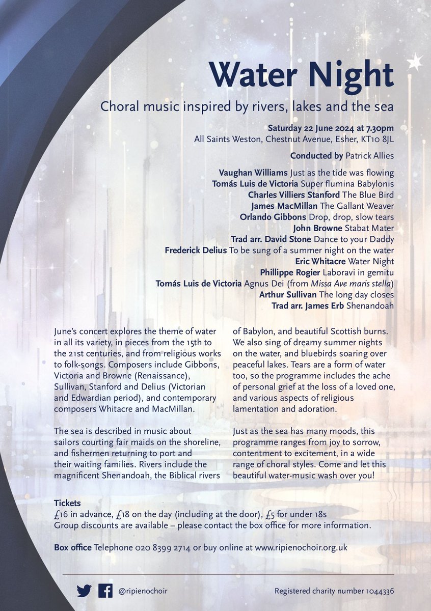 The Ripieno Choir has a tradition of programming works you are unlikely to hear elsewhere in live performance, such as John Browne's Stabat Mater. A gem from the Eton Choirbook, we first sang it in 2015, but it's too rewarding to leave dormant. ripienochoir.org.uk/concerts/water…