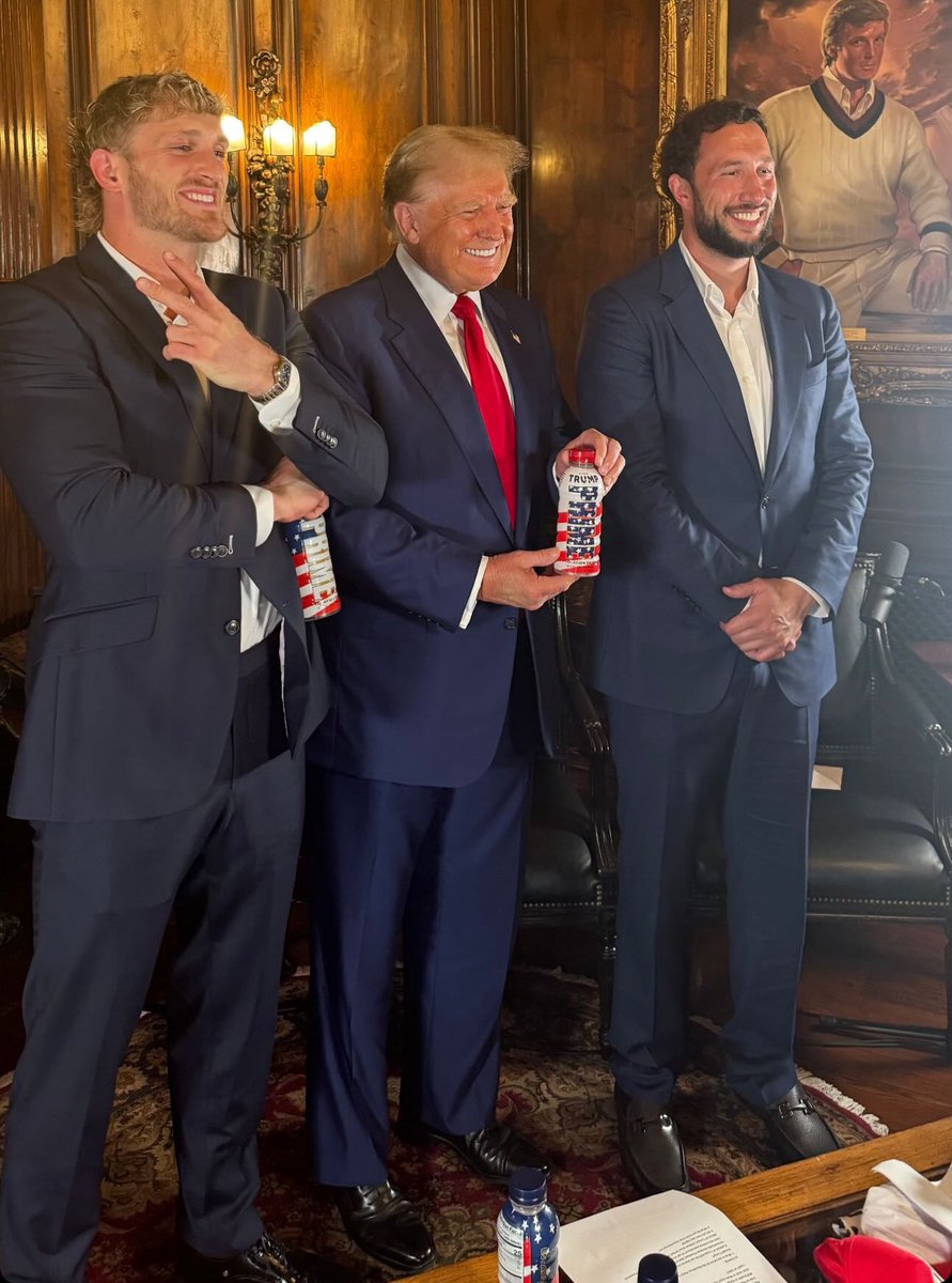 patriottakes's tweet photo. Prime hydration drink is openly associating with Trump. Prime co-founder Logan Paul presented Trump with a Trump branded Prime drink during an interview at Mar-a-Lago. 

Prime made $1.2B last year. Will you continue buy their products? https://t.co/7f6gYgMstq