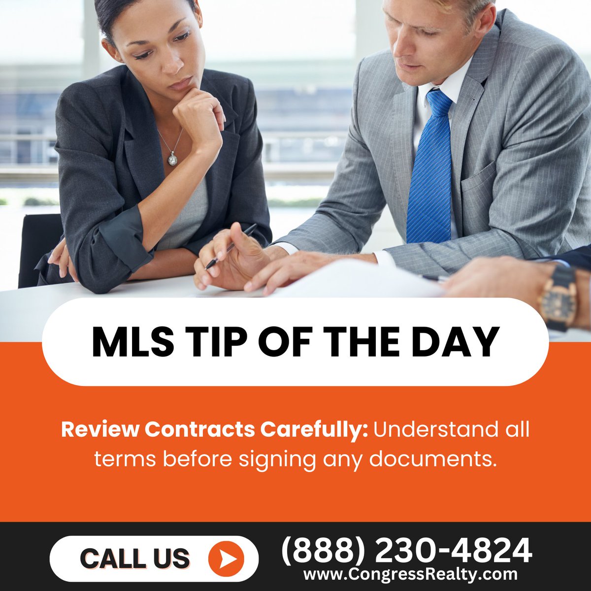 Congress_Realty's tweet image. MLS Tip of the Day: Review contracts carefully to understand all terms before signing any documents. This ensures a smooth transaction process. For an affordable MLS listing in Tempe AZ, trust Congress Realty. Call (888) 230-4824. #RealEstate #MLSTips #TempeAZ