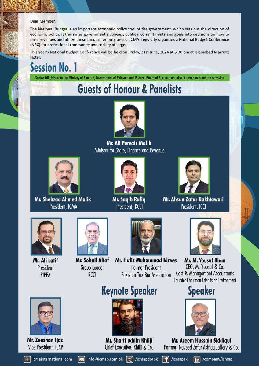 icmapdotpk's tweet photo. National Budget Conference 2024-25 scheduled at Islamabad Marriott Hotel on Friday, 21st June, 2024 at 5.30 PM

#icma #icmainternational
#nationalbudgetconference #nbc https://t.co/HQpEhlYISp