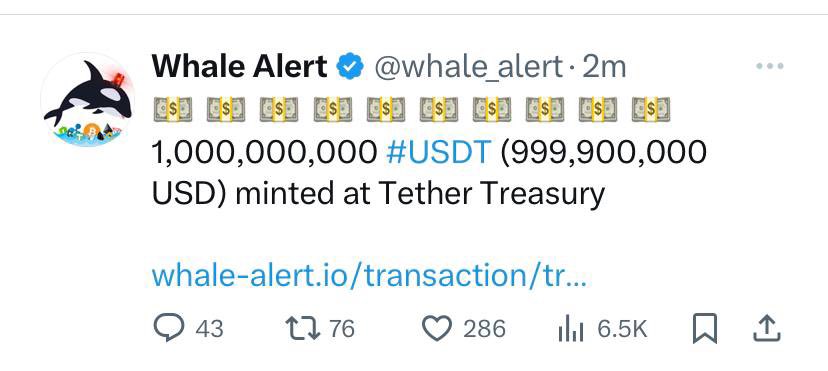 AshCrypto's tweet photo. 🚨BREAKING🚨

A TOTAL OF 1 BILLION USDT JUST MINTED IN THE TETHER TREASURY👀

BULLISH🚀🚀 https://t.co/uG39Ai1iAN