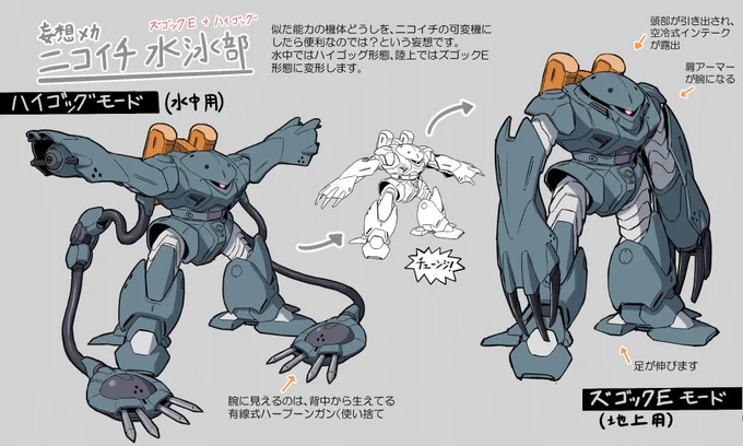 #TLをズゴックでいっぱいにしよう←左数年前、ミキシングビルドMSがいっぱい出てくる『クロスボーンガンダムDUST』のお手伝いをしてた頃、アイデア出しで描いたズゴックでありゴッグでもある機体(未使用)→右数カ月前、映画館から帰ってきた直後に描いたズゴック 