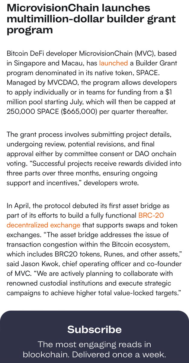 📣 𝗔𝗻𝗻𝗼𝘂𝗻𝗰𝗲𝗺𝗲𝗻𝘁 📣

Today, we are proud to unveil our multimillion-dollar builder grant program, media coverage by <a href="/Cointelegraph/">Cointelegraph</a> ! 

Calling all builders 🫵, join MicroVisionChain in unlocking the full potential of #Bitcoin &amp; delivery a 𝗳𝗮𝘀𝘁, 𝗰𝗵𝗲𝗮𝗽 𝗮𝗻𝗱
