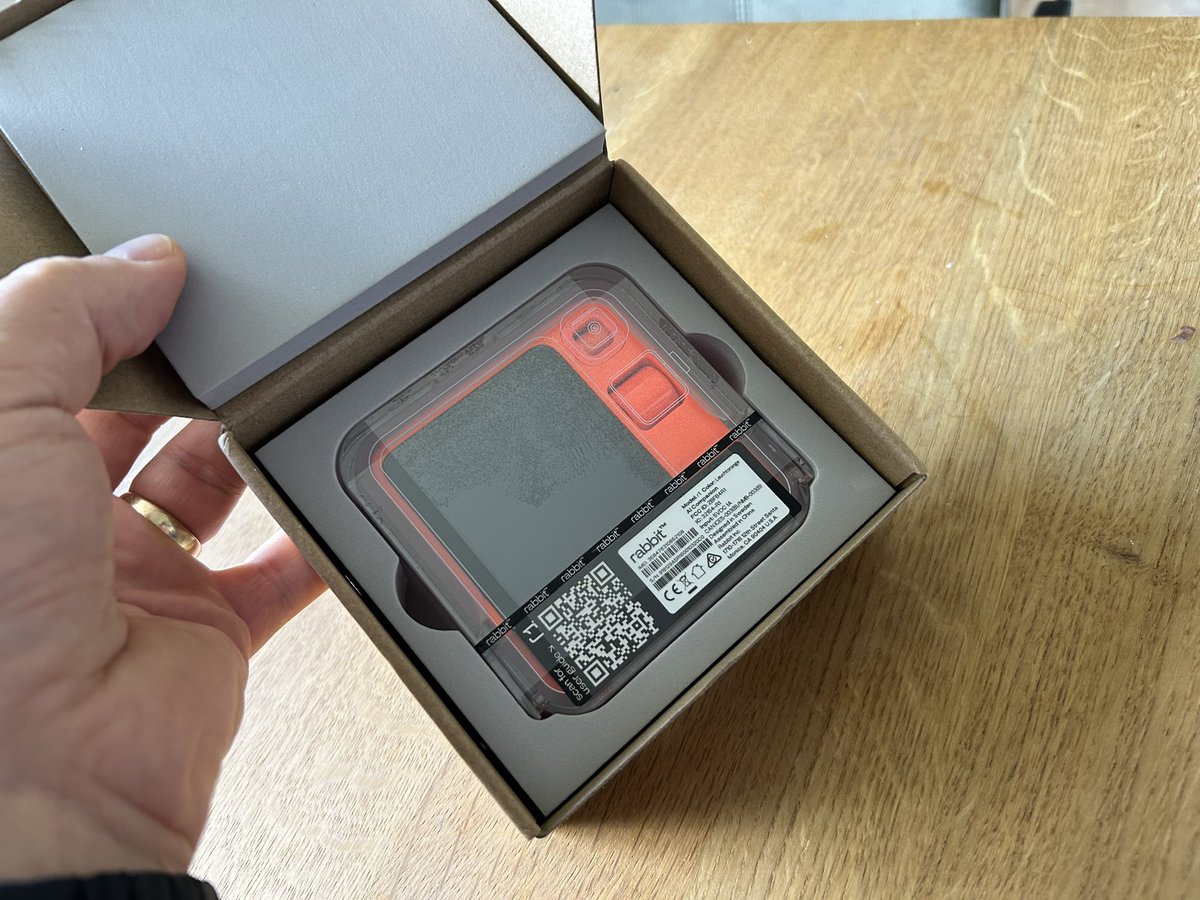 rockywuest's tweet image. Just unboxed my new @rabbitr1_ai device! Excited to test out its features and see how it enhances my productivity or not :)  #TechGadget #RabbitEins #Unboxing #NewTech