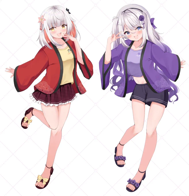 お知らせご依頼で神頼シハイ()さん、天廻てん()さんの等身イラストを描かせていただきました、! お祭りの雰囲気出させていただきました 