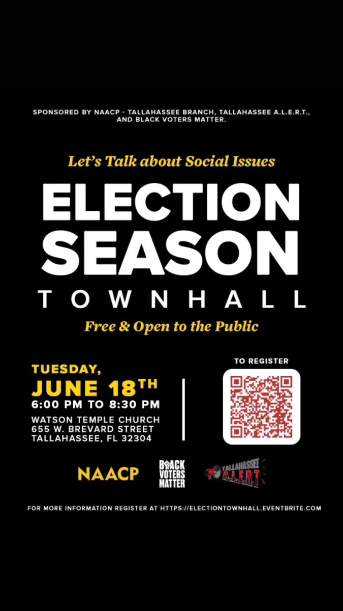 To kick off election season and Juneteenth, the Tallahassee NAACP, A.L.E.R.T. and Black Voters Matter will be hosting a community town hall to bring the issues that directly affect our community to the forefront on Tuesday, June 18, 2024, at 6:00 p.m.

eventbrite.com/e/919528443327…