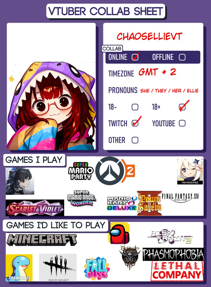EllieiaVT's tweet photo. I am looking to collab with people and so I made my own sheet! It took a while but I have steam, switch and battle net! #lookingforcollab #VtuberSupport #vtuberEN #twitchstreaming https://t.co/urnoTmhipv