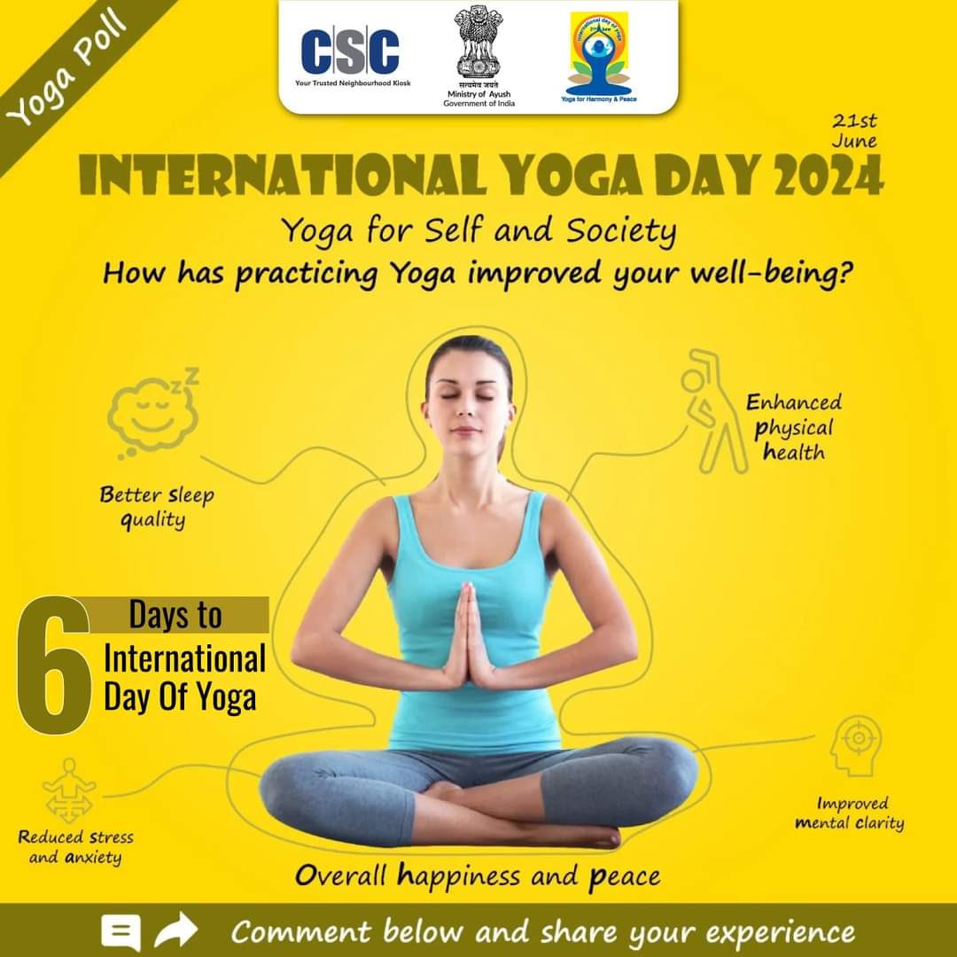 Just 6️⃣ Days to go for the big celebration of #InternationalDayofYoga2024 on 21st June, it's time to prepare to celebrate Yoga's essence for both self &amp; society.

"Exhale stress, inhale freshness, &amp; practice yoga".

#IDY2024 #YogaForAll #YogaDay2024 #YogaForSelfAndSociety #CSC