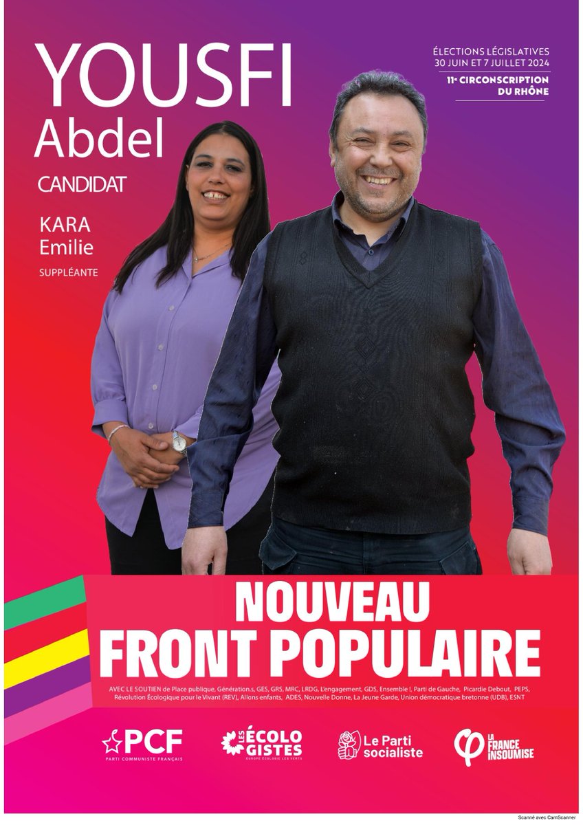 yousfikara2024's tweet photo. Fiers et honorés d'être investis en tant que candidats #nouveaufrontpopulaire dans la 11è circonscription du Rhône ! 

Unis pour battre l'extrême droite et ses idées racistes et xénophobes et le candidat de Macron ! 

Les 30 Juin &amp; 7 Juillet, un seul bulletin de gauche➡️🗳️ https://t.co/O8AhlXkflX