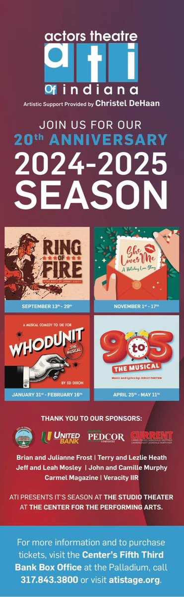 👋🏻ATI has hit our first goal for 2024-2025 Season Subscriptions! We listened to you, our patrons, and answered with one of our BEST Seasons yet - Laughter, Legends and Love! Get your Subscriptions now- 317-843-3800 with an added gift from Sugar Creek Winery and Sun King Brewery