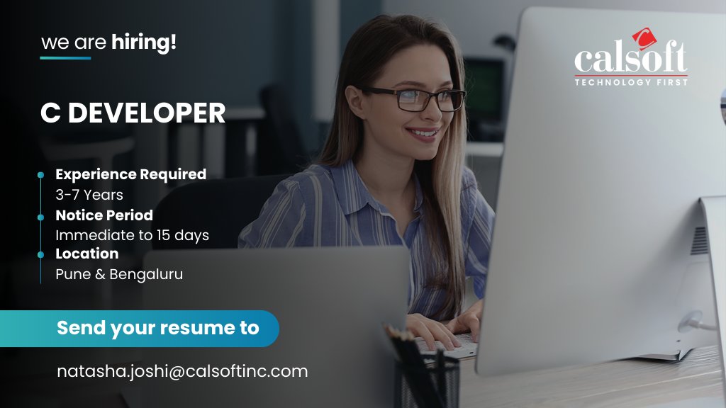 CalsoftInc's tweet image. We are Hiring!
Position: C Developer
Location: Pune / Bengaluru
Experience: 3 - 7 Years
Immediate to 15 days Joiners!
Email Id: natasha.joshi@calsoftinc.com
Share your resume with - natasha.joshi@calsoftinc.com
#hiring #cdeveloper #calsofthiring #punejobs #bengalurujobs