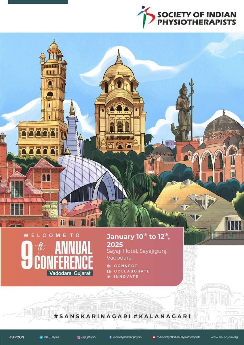 SIP_Physio's tweet photo. Happy to announce the dates for our 9th Annual Conference going to be held in Vadodra (Baroda) on January 10 to 12, 2025 at Hotel Sayaji.

#MarkYourDates 
#sanskarinagarivadodara  

#SIPCON #IndianPhysios #GlobalPTs https://t.co/n4KRPAVBp5