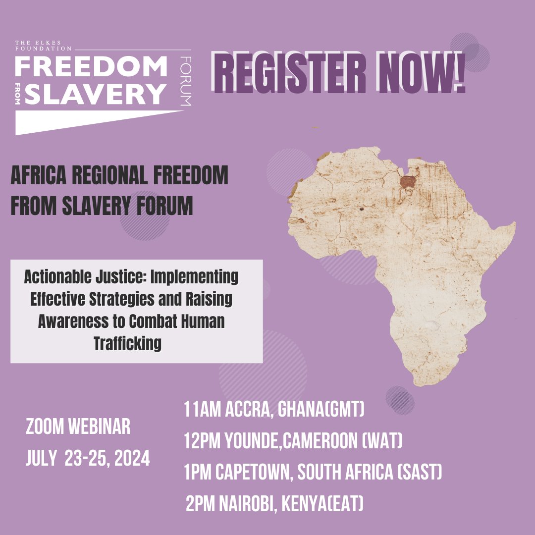 Register Now for the Africa Freedom from Slavery Forum 2024!
Theme: "Actionable Justice: Implementing Effective Strategies and Raising Awareness to Combat Human Trafficking. 
 
Register Now: freetheslaves-net.zoom.us/webinar/regist…