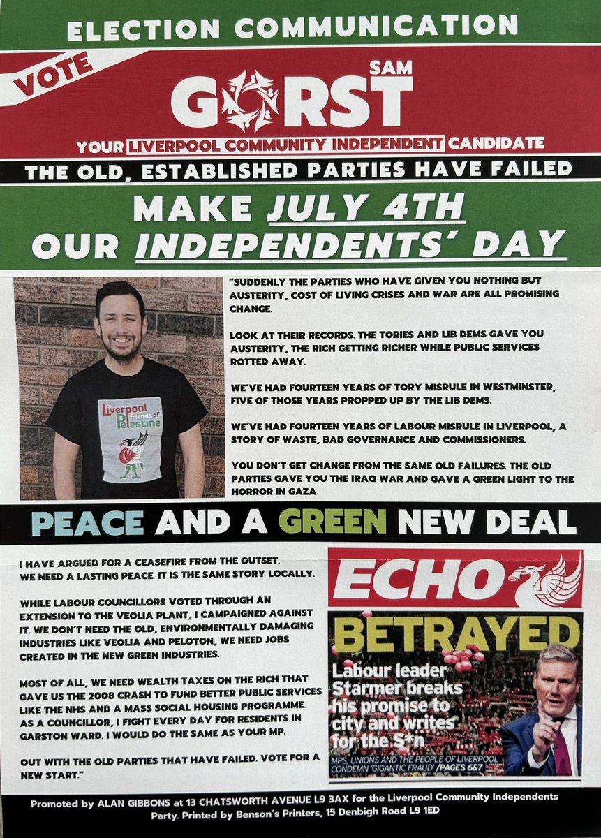 Moonraker_Mart's tweet photo. 2 flyers in the post today. 1 from @mariaeaglemp which was binned. And this one from where my vote’s going. Can’t bring myself to vote for one of the ‘mainstream’ scumbags. @CllrSamGorst #independent #votesamgorst #LiverpoolCommunityIndependent https://t.co/NgIWZTwYgN
