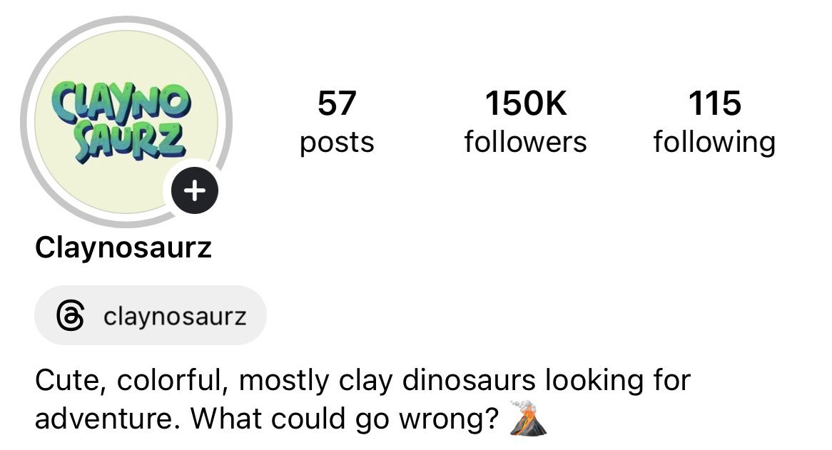Today <a href="/Claynosaurz/">Claynosaurz</a> Instagram crossed 150,000 followers

7 months ago, the account had 700 followers

Since the beginning, the goal has been to create original content that makes you stop scrolling, feel something, and fall in love with our characters

Insanely proud of this