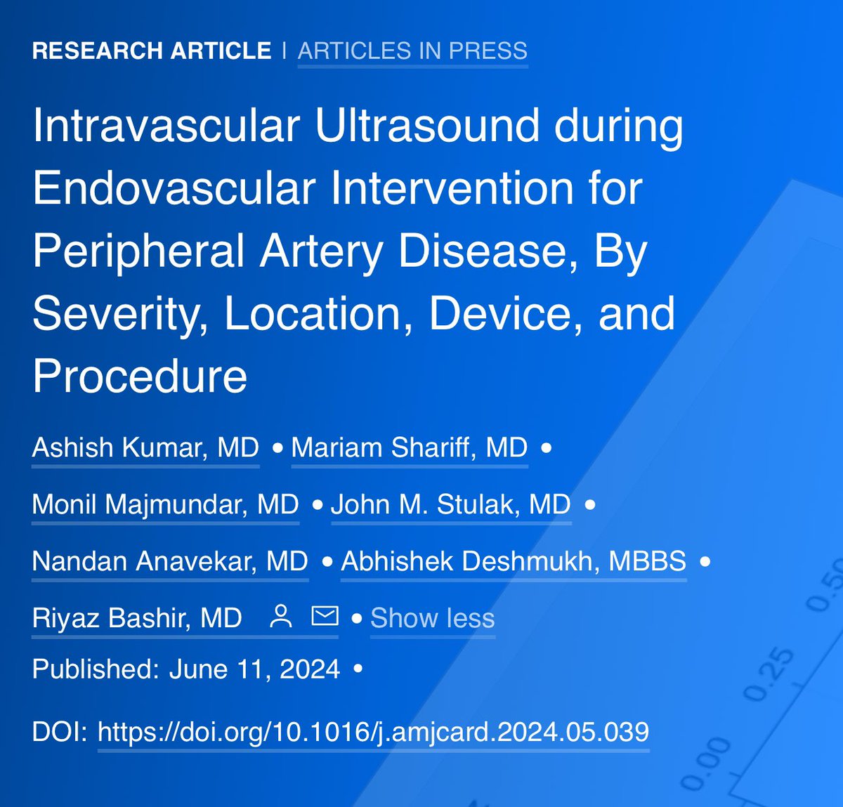Ashish Kumar, MD (@ashish_kumar_md) on Twitter photo ✅ Read our new study titled “Intravascular Ultrasound during Endovascular Intervention for Peripheral Artery Disease, By Severity, Location, Device, and Procedure” - American Journal of Cardiology ajconline.org/article/S0002-…
Mentored by <a href="/RiyazBashir/">Riyaz Bashir</a> ✅ Read our new study titled “Intravascular Ultrasound during Endovascular Intervention for Peripheral Artery Disease, By Severity, Location, Device, and Procedure” - American Journal of Cardiology ajconline.org/article/S0002-…
Mentored by <a href="/RiyazBashir/">Riyaz Bashir</a>