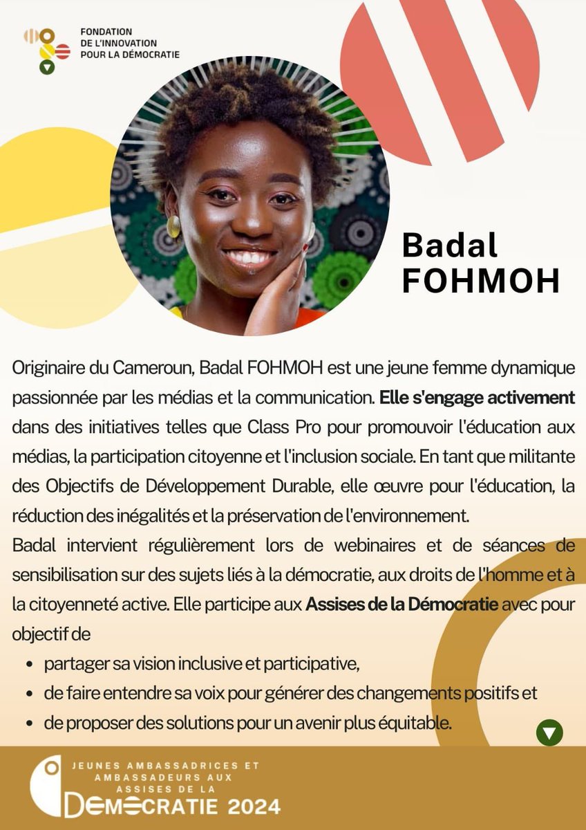 Portrait de #Jademo2024
👩🏿‍💼 Du haut de ses 28 ans et depuis son 🇨🇲 natal, <a href="/Badalfohmoh7/">Badal Fohmoh 🇨🇲</a> fait de l’éducation aux médias son combat.
📣 La fact-checkeuse qu’elle est a monté CLASS PRO pour lutter contre les désordres de l’information. 
#AssisesDeLaDemocratie #Femmes #Inclusion