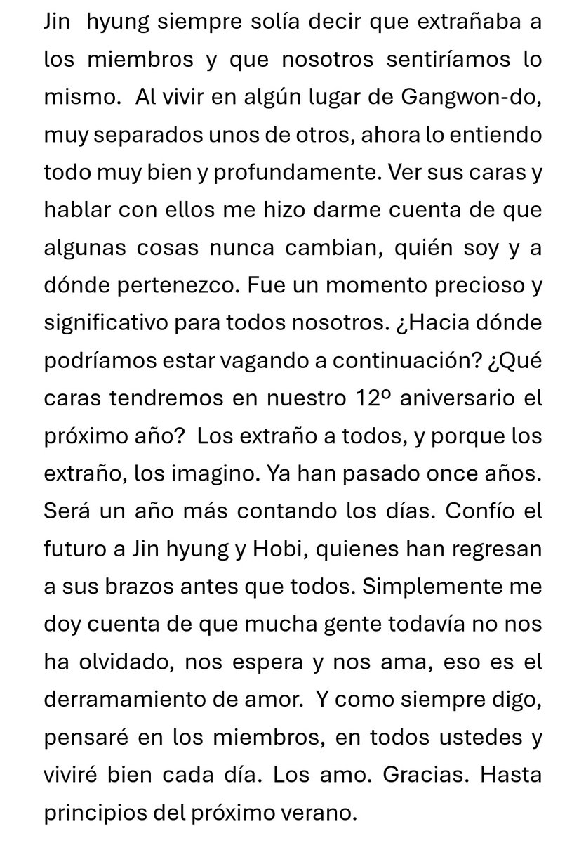 Namjoon — Weverse 🐨
15.06.2024 (6:33 PM KST)

✎Me di cuenta que no nos han olvidado.
✎Ya entiendo a Seokjin hyung cuando decía 'extraño a mis miembros'.
✎Reunirme con los chicos me recordó quién soy y a dónde pertenezco, fue precioso.

©sarabangtan07 | <a href="/BTS_twt/">방탄소년단</a> #BTSARMY