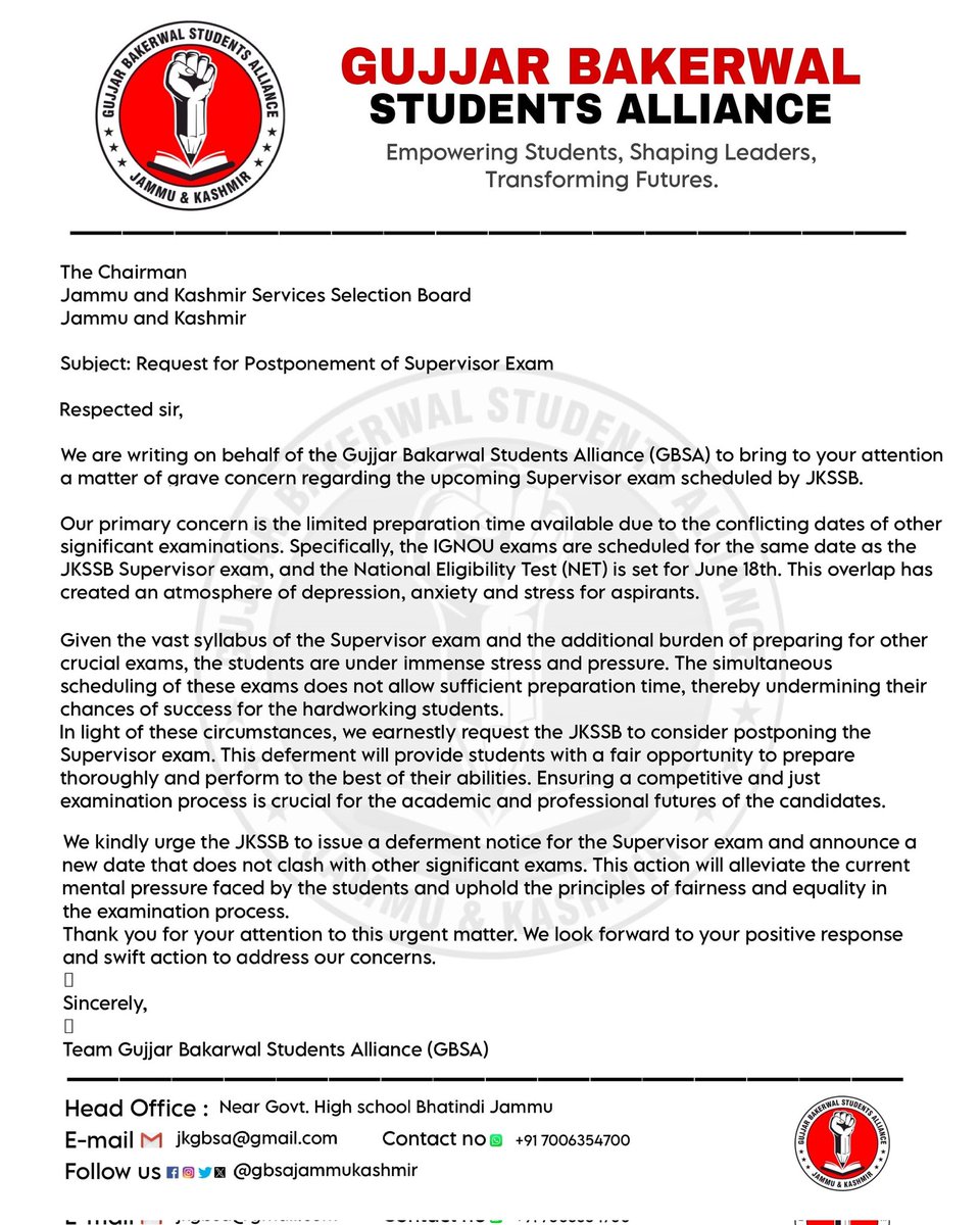 GBSAofficial's tweet photo. GBSA requests JKSSB to kindly postpone the scheduled Supervisor exam which is clashing with IGNOU and other exams. 
@jkssb @lgmanojsinha https://t.co/z5rOVkjgo1