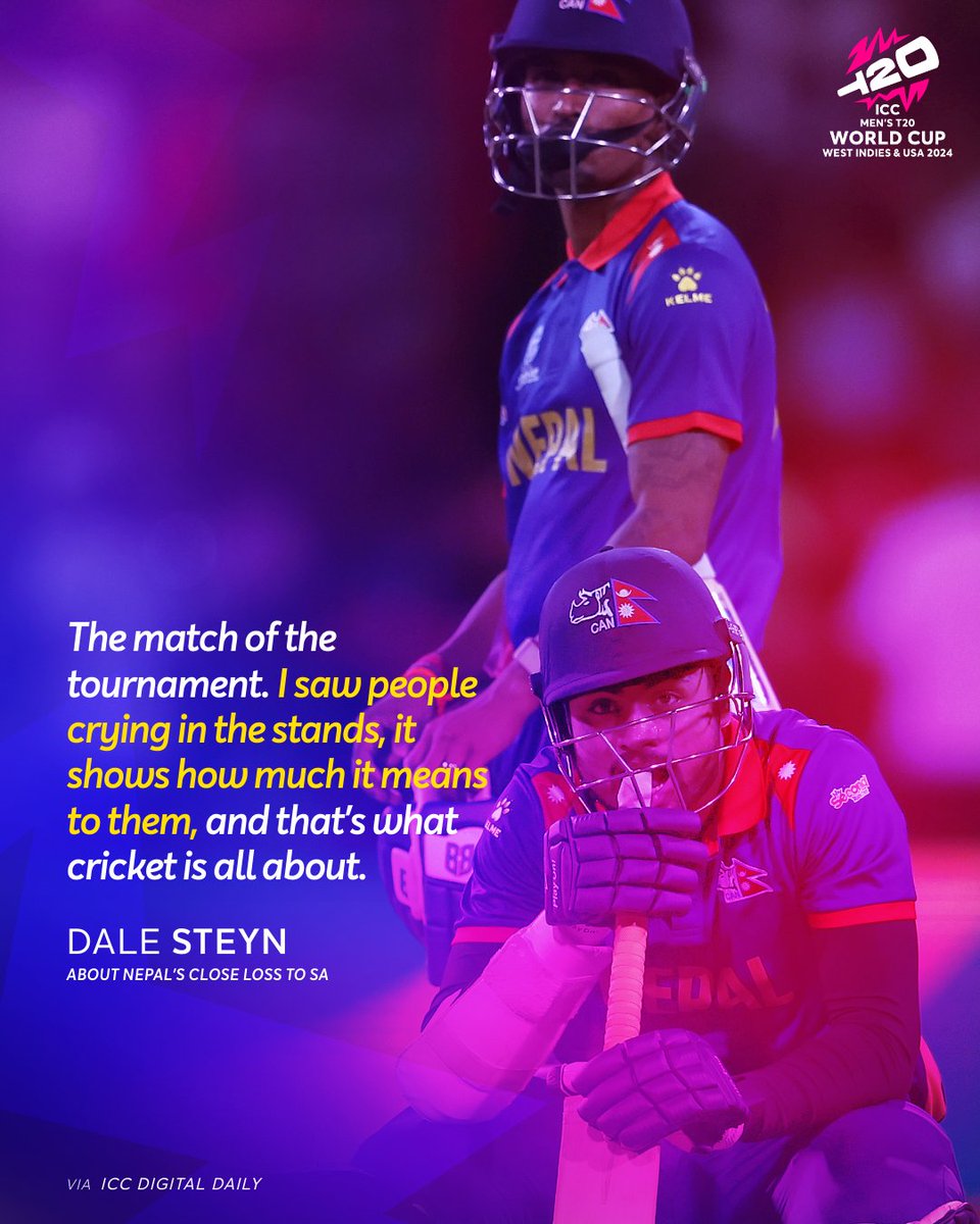 T20WorldCup's tweet photo. Dale Steyn was moved by the emotions on display during the close #SAvNEP clash in Men's #T20WorldCup 2024 👏

https://t.co/hxfE2b5tdE https://t.co/ga3tzgpQj8