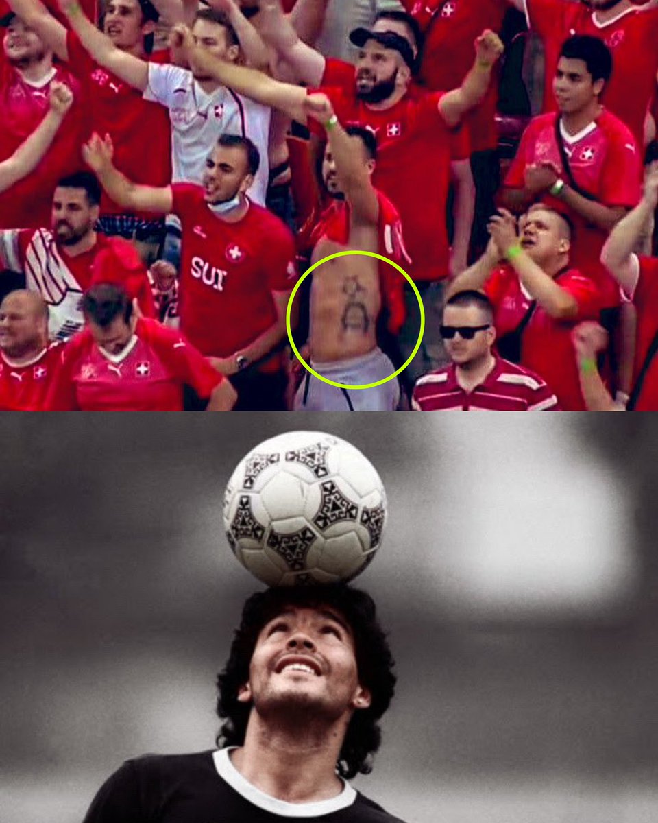 Un hincha suizo, alentando hoy a su país en Köln, con una imagen de Diego y la Tango tatuada. 

Hermoso. 🇦🇷🥹🇨🇭