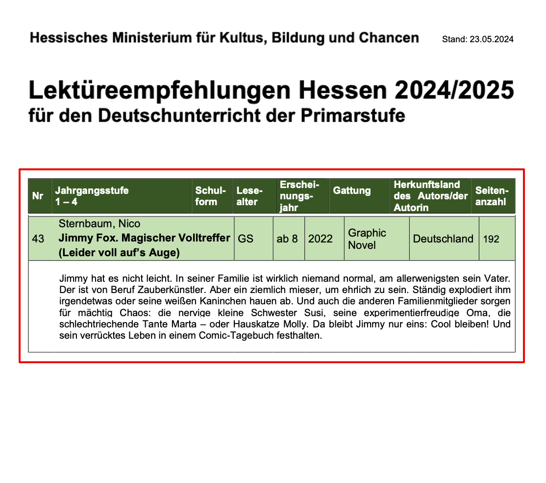 Nach Bayern hat nun auch Hessen vor wenigen Tagen meinen Comicroman "Jimmy Fox" als Lektüre für den Deutschunterricht empfohlen! Falls ihr also noch auf der Suche nach einem passenden Buch für den Unterricht oder zu Hause seid, wäre "Jimmy Fox" ja vielleicht was für euch 😀