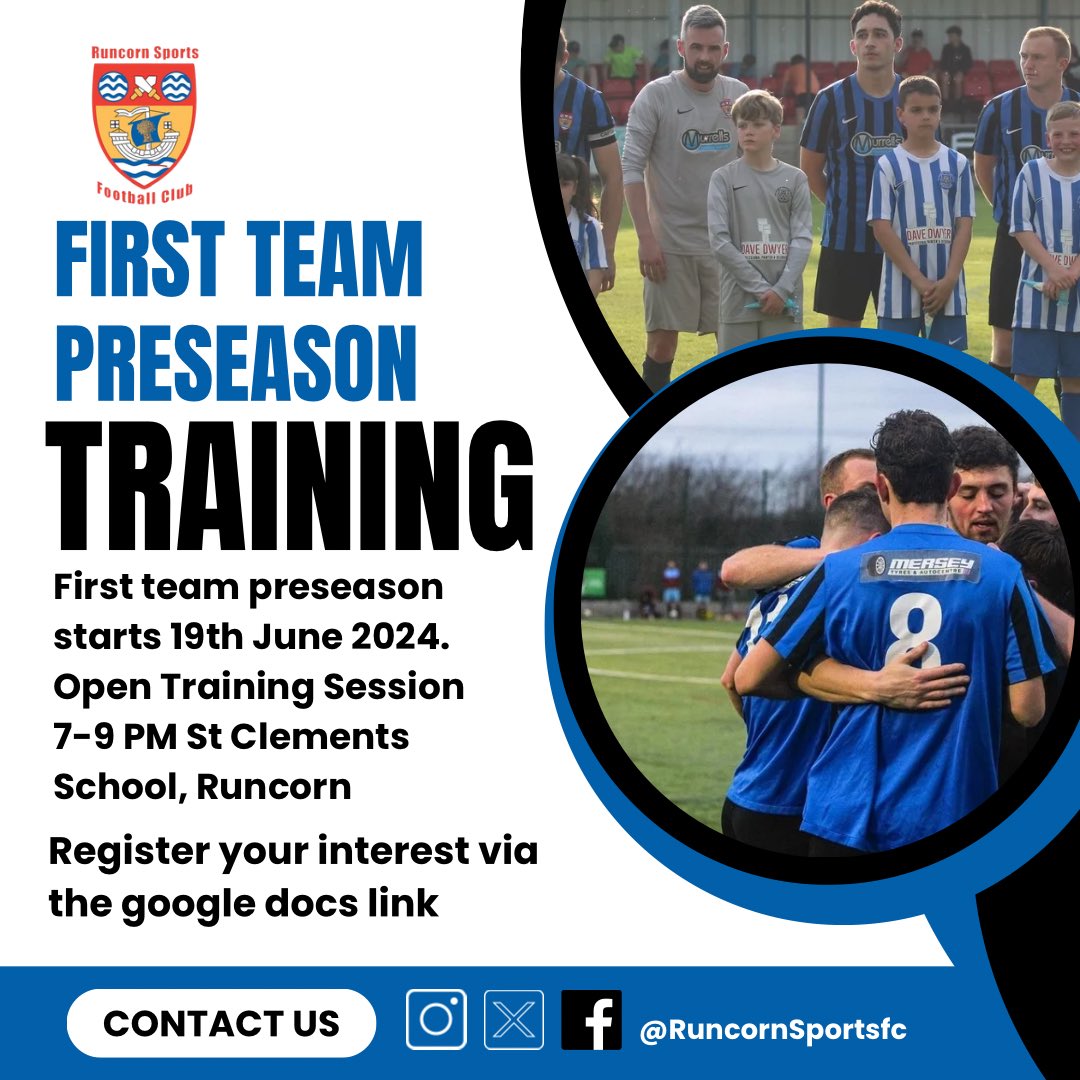 RuncornSportsFC's tweet photo. First team preseason starts this coming Wednesday. It’s an open training session so all are welcome. We are a newly promoted team to West Cheshire League Division 1.We have created a google docs for any interest in joining our team to play alongside our current team. 
Link below https://t.co/dgnsT9eTHt