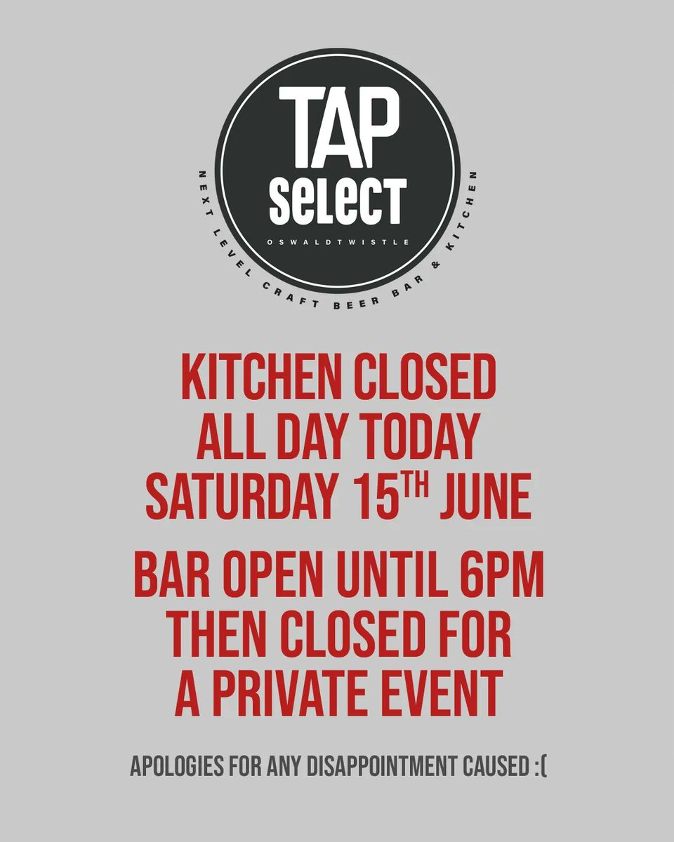 TapSelectBar's tweet image. KITCHEN CLOSED TODAY - BAR OPEN TIL 6PM

No food today and a private event later - sorry to spoil your Saturday 😔

HOWEVER!

We are back tomorrow for Father's Day! Kitchen til 7.30pm. Live music from 5pm-7pm and then we're screening the football on (with commentary) ⚽⚽⚽