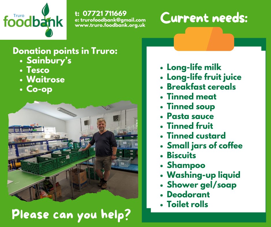 Our stock levels are critical. 
We've spent £1000 on food this week so we can help local people in food crisis. 
If you are able, please buy an item (or 2) on the list &amp; drop them into the donation bin when you shop at Sainsbury's, Tesco, Waitrose or Co-op in Truro.
Huge thanks!