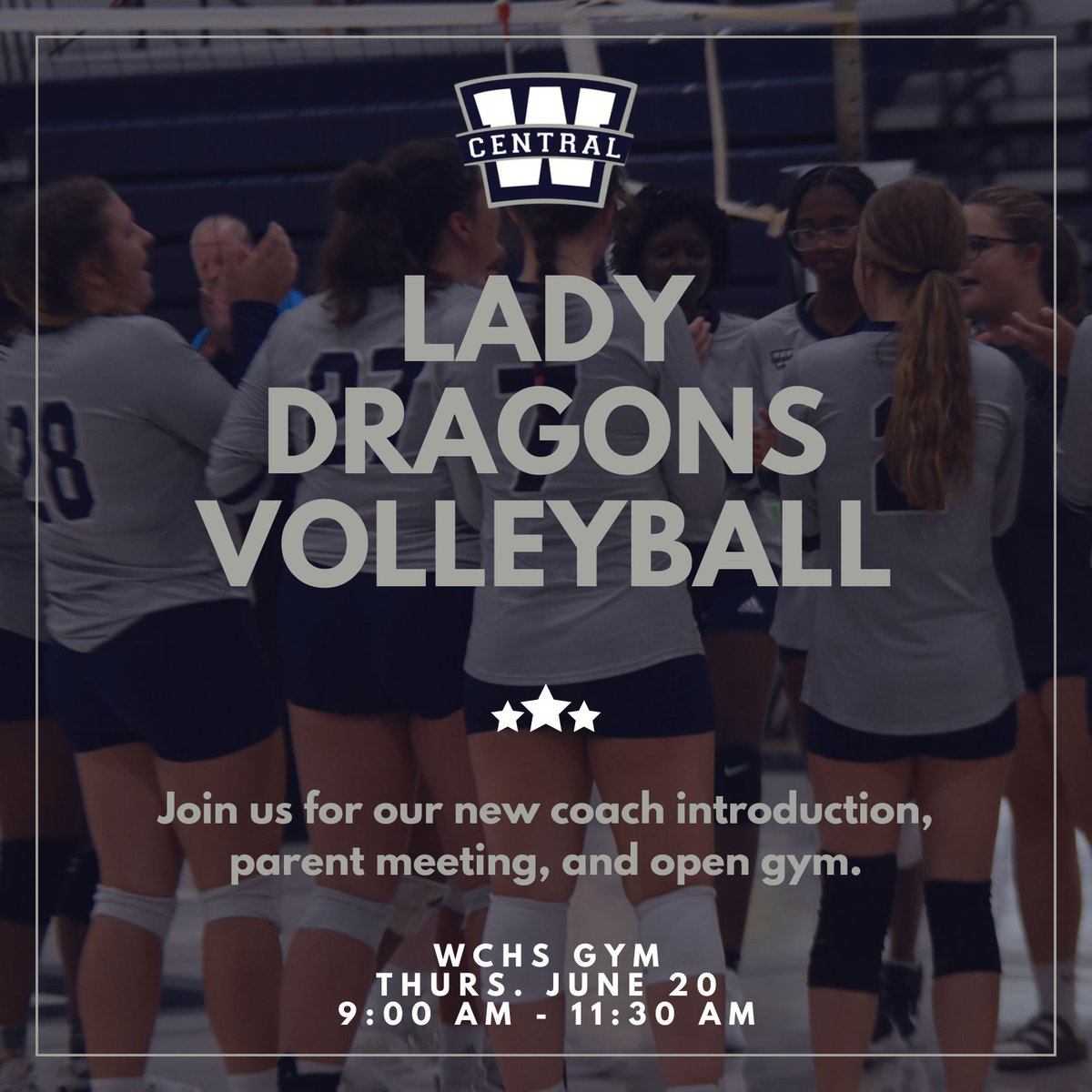 Join us on Thursday, 6/20 as we introduce our new WCHS Volleyball Coach at 9 AM in the WCHS Gym. Open gym will follow, please be sure to have an updated physical if you wish to participate in open gym.