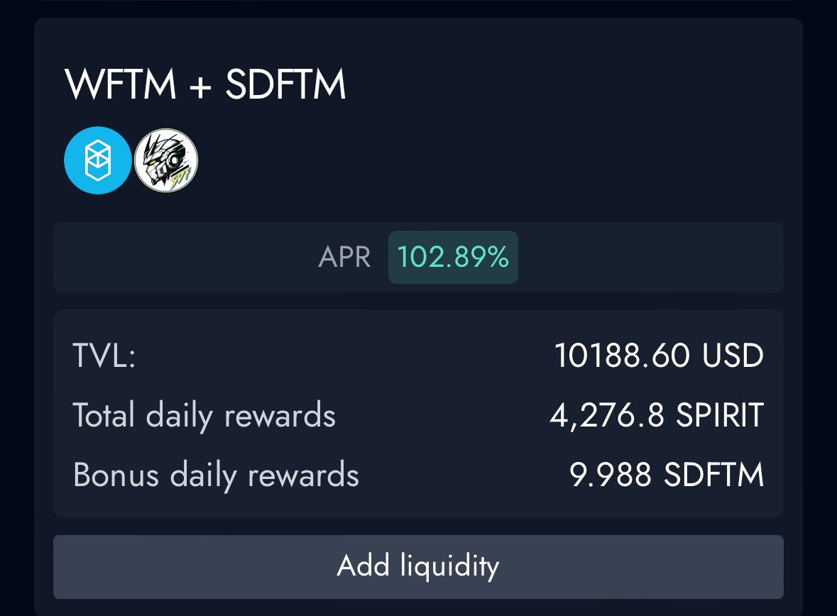 SuperDFTM's tweet photo. Ohhh we are half way there!

Now you have $SDFTM. It's doing a nice 1%  from each redeem or deposit. But you could be earning 102% Apr from @SilverSwapDex.

By adding LP we create the flywheel. 

Traders collect the arbtrage between the #Forge and @SilverSwapDex .

Liquidity Providers collect trading fees, $SDFTM from the Forge, and Spirit from @SilverSwapDex's farm.

Remember $FTM = $SDFTM 

It's like getting 100% Apr when pairing stables with stables. 

Adding V3 LP-->

1.) Have Equal amounts of $SDFTM & $wFTM

2.)Go to https://t.co/LE7gC2vAHo

3.) Put the amount in you would like to choose. Select your range. Our LP is Full Range. Choose accordingly. 

4.) Click deposit 

5.) Follow the prompts.

6.) Once completed click on Farm:
https://t.co/3qgCfxwg62

7.) Find the $SDFTM farm and click deposit. 

8.) A pop up will show, click your LP NFT. Click ok. 👌🏻 Follow the automatic prompts. 

9.) Congratulations your LP is added. 

To manger your LP simply connect your wallet and click liquidity. Any position you open have will be shown and the reward earned. 

https://t.co/1mRjxivUsX

3 of 4