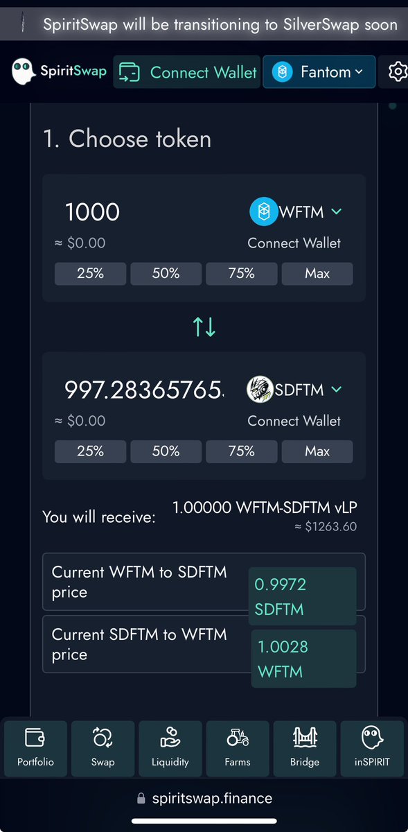 SuperDFTM's tweet photo. Ohhh we are half way there!

Now you have $SDFTM. It's doing a nice 1%  from each redeem or deposit. But you could be earning 102% Apr from @SilverSwapDex.

By adding LP we create the flywheel. 

Traders collect the arbtrage between the #Forge and @SilverSwapDex .

Liquidity Providers collect trading fees, $SDFTM from the Forge, and Spirit from @SilverSwapDex's farm.

Remember $FTM = $SDFTM 

It's like getting 100% Apr when pairing stables with stables. 

Adding V3 LP-->

1.) Have Equal amounts of $SDFTM & $wFTM

2.)Go to https://t.co/LE7gC2vAHo

3.) Put the amount in you would like to choose. Select your range. Our LP is Full Range. Choose accordingly. 

4.) Click deposit 

5.) Follow the prompts.

6.) Once completed click on Farm:
https://t.co/3qgCfxwg62

7.) Find the $SDFTM farm and click deposit. 

8.) A pop up will show, click your LP NFT. Click ok. 👌🏻 Follow the automatic prompts. 

9.) Congratulations your LP is added. 

To manger your LP simply connect your wallet and click liquidity. Any position you open have will be shown and the reward earned. 

https://t.co/1mRjxivUsX

3 of 4
