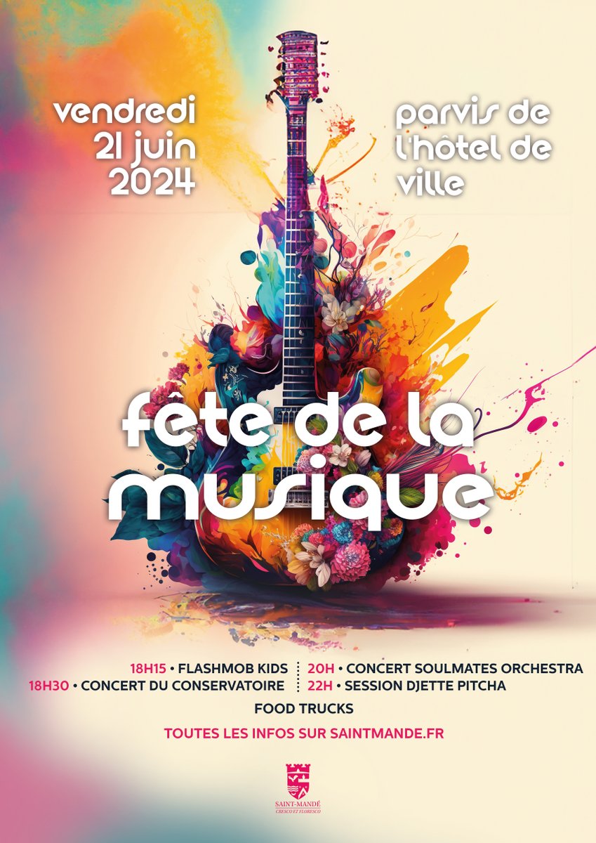 saintmande's tweet photo. 🎉🥁 Fête de la Musique à #saintmande vendredi sur le parvis de l'Hôtel de Ville !
🎼 Un programme varié qui saura ravir petits et grands, amateurs de musique classique, contemporaine et de rythmes endiablés.
👉 Programme complet : https://t.co/4PBKt4d9HT https://t.co/ESoNcgDqvq