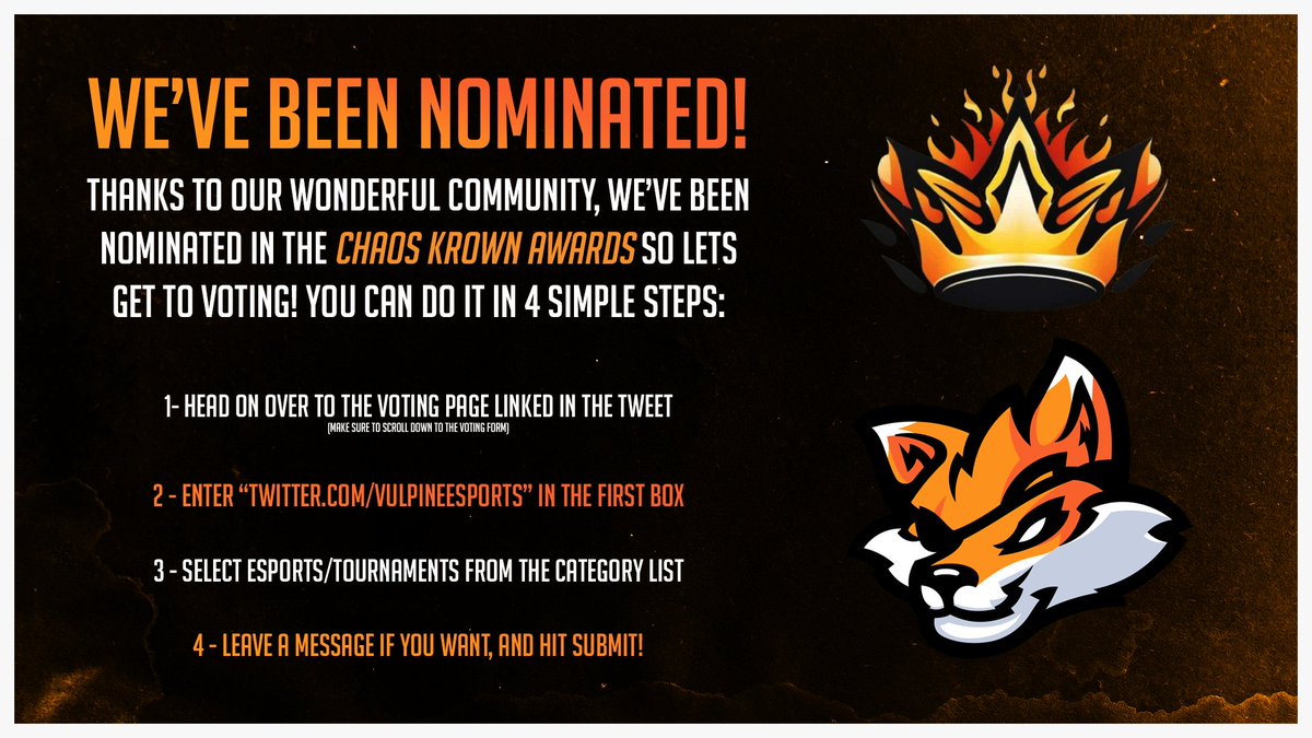 ChaosKastle🔥ChaosKrownAwards (@chaoskastle) on Twitter photo <a href="/VulpineEsports/">Vulpine Esports</a> community have nominated them for the ESPORTS & TOURNAMENTS CREATORS award presented by <a href="/TrueNorthWMD/">True North</a>
They deserve your votes!!
And so do so many other small content creators across ALL platforms!
Make sure to cast your votes below 🗳🔥
Chaoskrownawards.com <a href="/VulpineEsports/">Vulpine Esports</a> community have nominated them for the ESPORTS & TOURNAMENTS CREATORS award presented by <a href="/TrueNorthWMD/">True North</a>
They deserve your votes!!
And so do so many other small content creators across ALL platforms!
Make sure to cast your votes below 🗳🔥
Chaoskrownawards.com