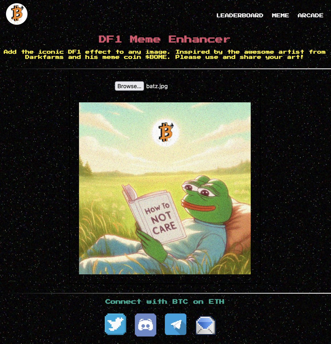 Inspired by <a href="/Darkfarms1/">Darkfarms㊙️</a> and <a href="/batzdu/">batzdu</a>, we've added a DF1 Meme Enhancer to our website. 

Anyone can now use the tool to add the iconic feel to their photos and art.

Just head to: btconeth.com/meme

Have fun and share your work!