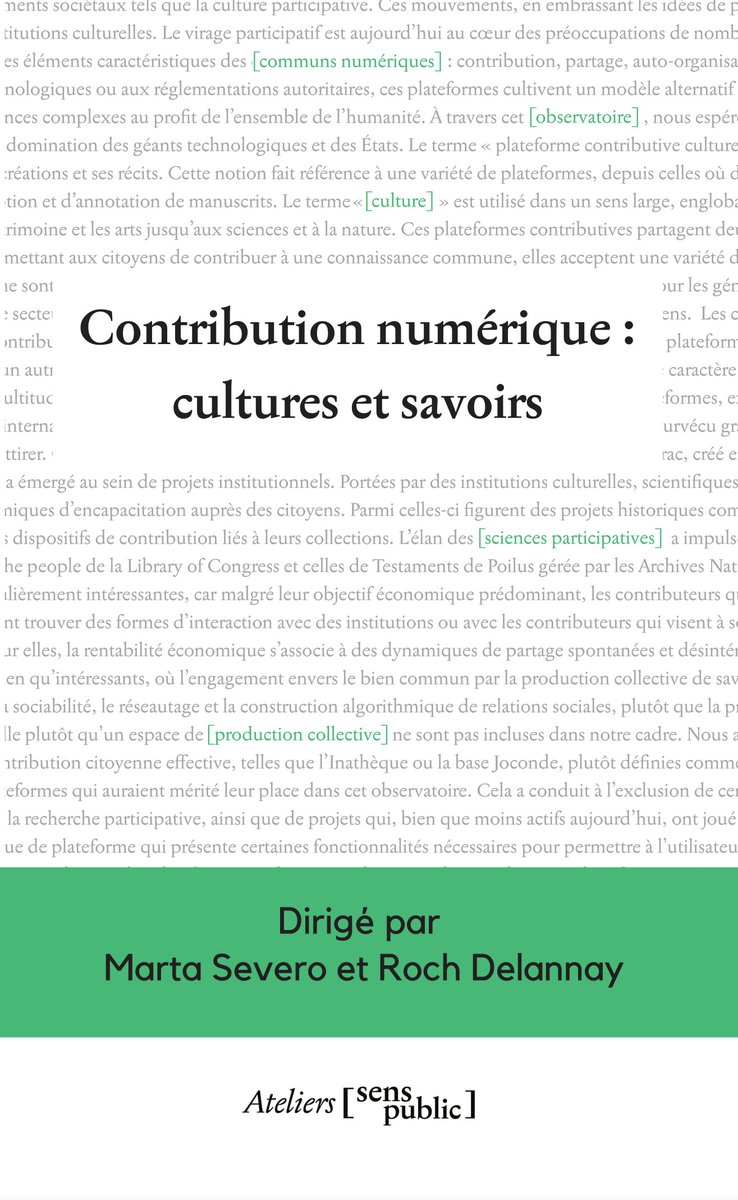 Écritures numériques (@enumeriques) on Twitter photo « Contribution numérique : cultures et savoirs » dirigé par <a href="/martaseve/">marta severo</a> et <a href="/Roch_DLY/">Roch</a> est sorti!
👉tinyurl.com/269ewx8v
Édité par Hélène Beauchef et développé par <a href="/davidbgk/">David Larlet</a> Larlet. « Contribution numérique : cultures et savoirs » dirigé par <a href="/martaseve/">marta severo</a> et <a href="/Roch_DLY/">Roch</a> est sorti!
👉tinyurl.com/269ewx8v
Édité par Hélène Beauchef et développé par <a href="/davidbgk/">David Larlet</a> Larlet.