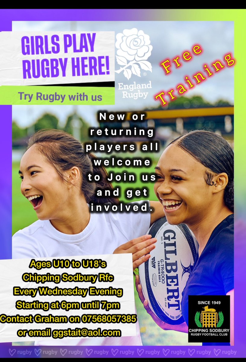 GrahamStait's tweet image. 🏉CHIPPING SODBURY GIRLS RUGBY… OPEN TRAINING SESSIONS..🏉

We are now just days away from make our return to Wednesday evening training, June 19th starting at 6pm..

Come along and give it a try.. All New and returning player? You are all welcome, no experience required..