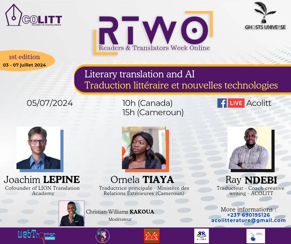 RTNdebi's tweet image. #RTWO 
Let's discover the translator @JoachimLepine, one of the panelists on the theme "Literary translation and #AI... Beautiful moment ahead alongside @RTNdebi and @OrnelaTiaya...
Follow @acolitterature and @PaulineOngono for more info.
#HumanTranslation #software #creativity
