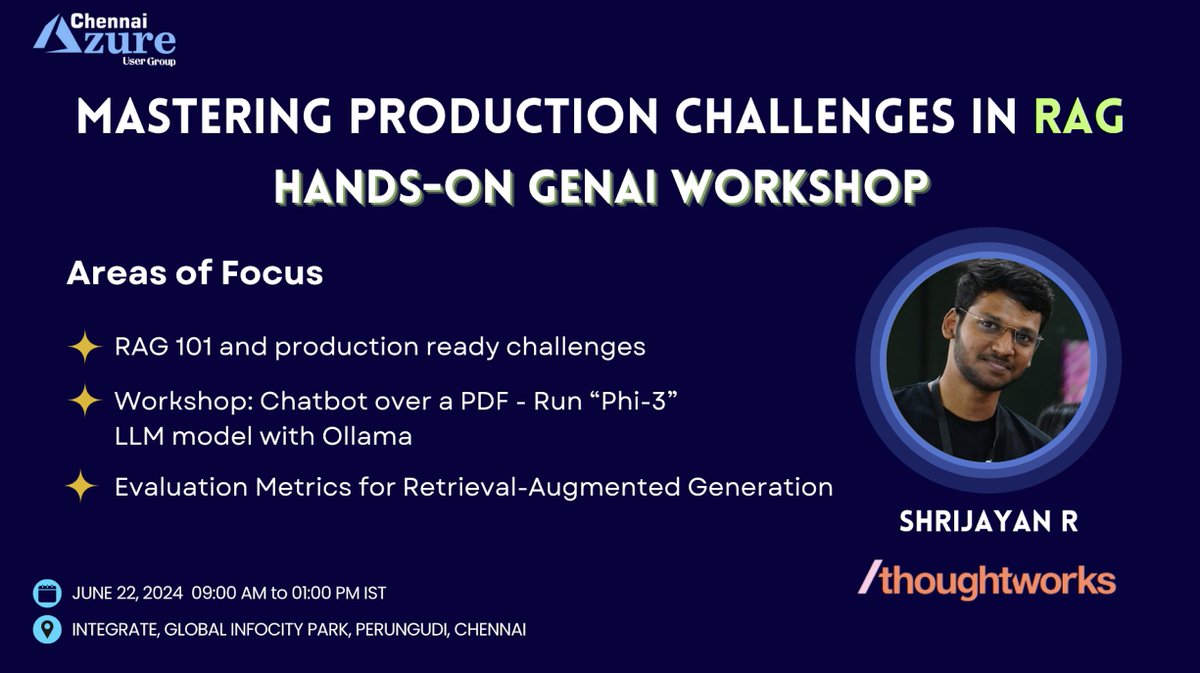 rshrijayan's tweet image. 🚀 Excited to present &quot;Building Multilingual Support Bot with RAG&quot; at @azure_chennai on June 22! 📷 Master Gen AI essentials, create advanced multilingual bots, and explore more. shorturl.at/Rhfnf 

#GenAI #AzureChennai #AzureEvents #AIWorkshop #Thoughtworks
