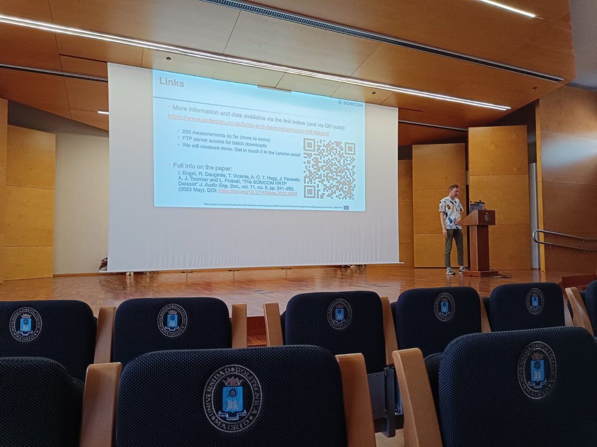 Audio Experience Design (@axdimperial) on Twitter photo Today, <a href="/ra_o_as/">Rapolas Daugintis</a> opened the <a href="/AESorg/">Audio Engineering Society</a> European Convention in Madrid by presenting the <a href="/SONICOMproject/">SONICOM</a> HRTF dataset. He will also participate in the panel discussion on HRTF standardisation tomorrow, presenting the LAP challenge!
#AesEurope #SpatialAudio Today, <a href="/ra_o_as/">Rapolas Daugintis</a> opened the <a href="/AESorg/">Audio Engineering Society</a> European Convention in Madrid by presenting the <a href="/SONICOMproject/">SONICOM</a> HRTF dataset. He will also participate in the panel discussion on HRTF standardisation tomorrow, presenting the LAP challenge!
#AesEurope #SpatialAudio
