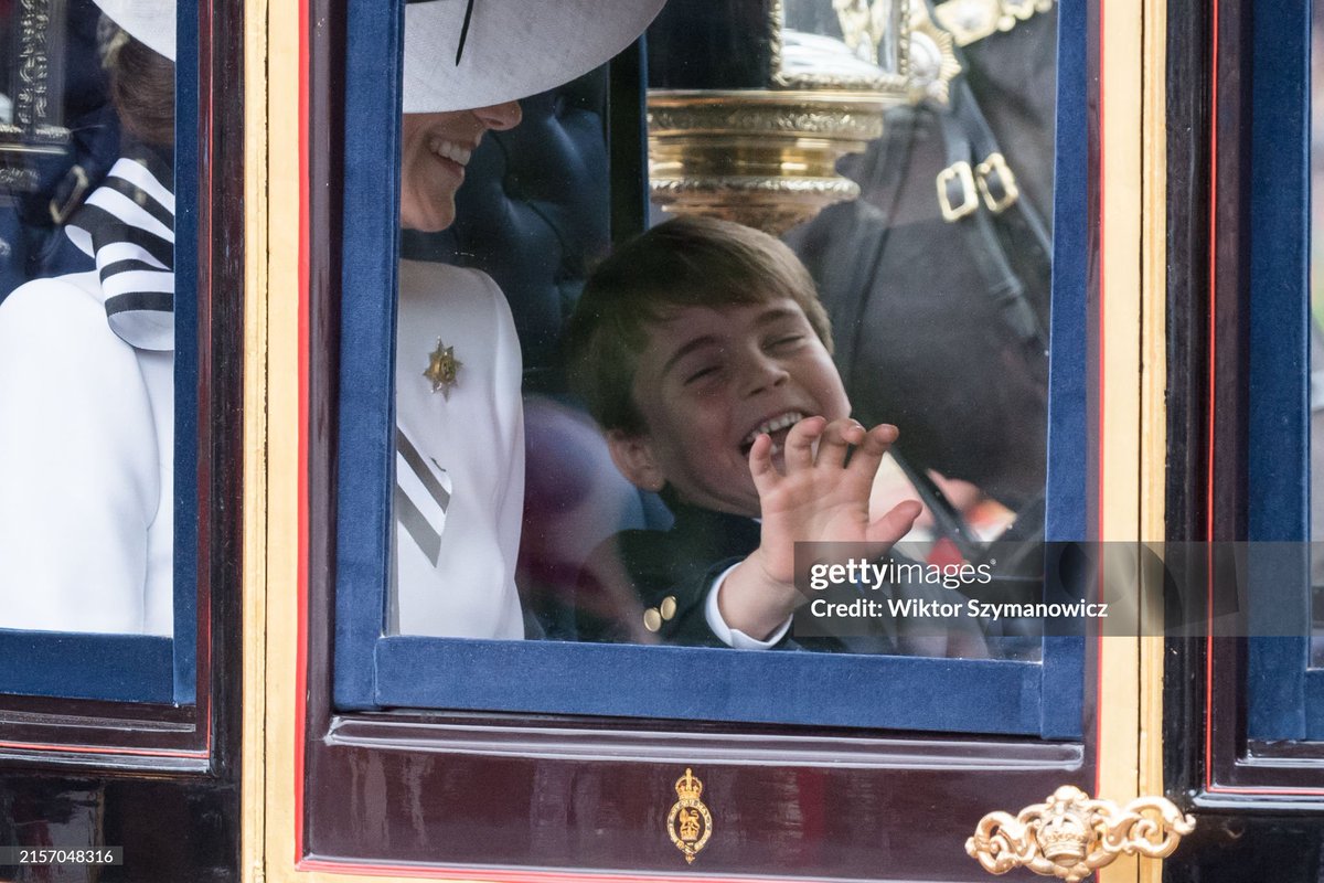 jerseydeanne's tweet image. A giggling Prince Louis with The Princess of Wales during Trooping the Colour 2024
