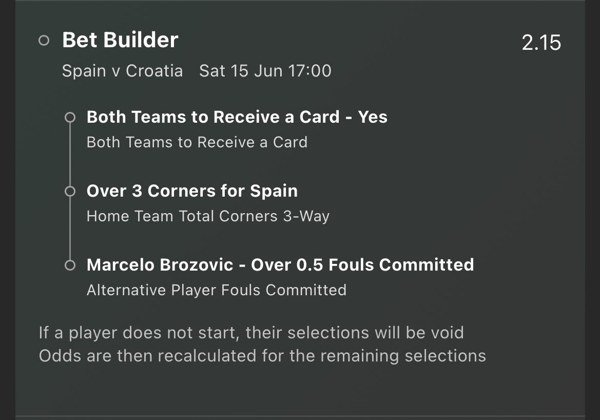 SBFootballTips's tweet image. 📝 Spain Vs Croatia Bet Builder 

7/8 Spain Qualifying games had Both teams carded 
Spain 4+ corners in 13/15 
Brozovic Foul in 15/17 games for Croatia 
This exact bet won the last time these two played a year ago 

📚 Bet365
⚽️ 2.15 odds