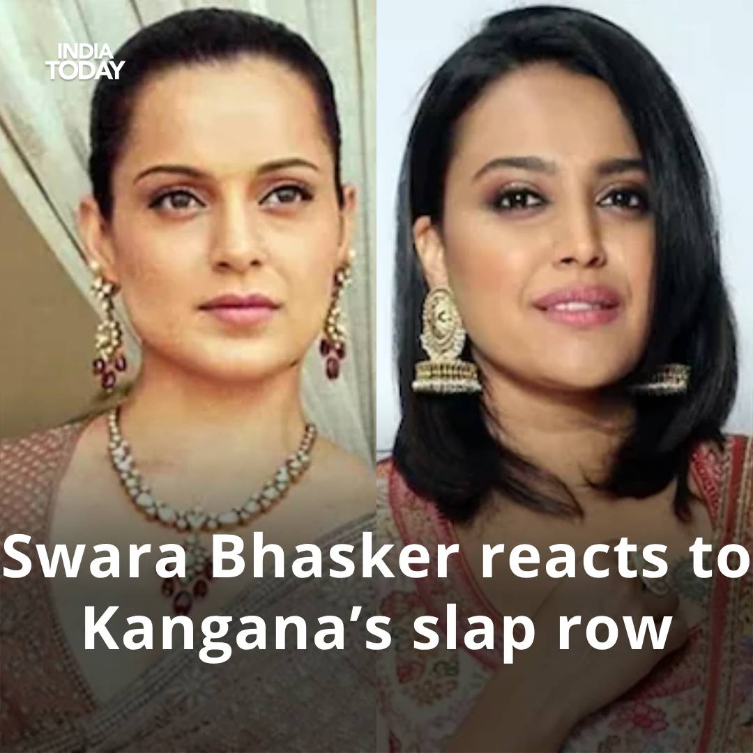 IndiaToday's tweet photo. Swara Bhasker reacts to Kangana Ranaut’s slapping incident. Condemning the incident, she also claimed it to be ironic.
Read more: https://t.co/fVAJL66DBF
#KanganaRanaut #SwaraBhasker #slaprow #CISF | @Showbiz_IT https://t.co/TbOINv1L3n